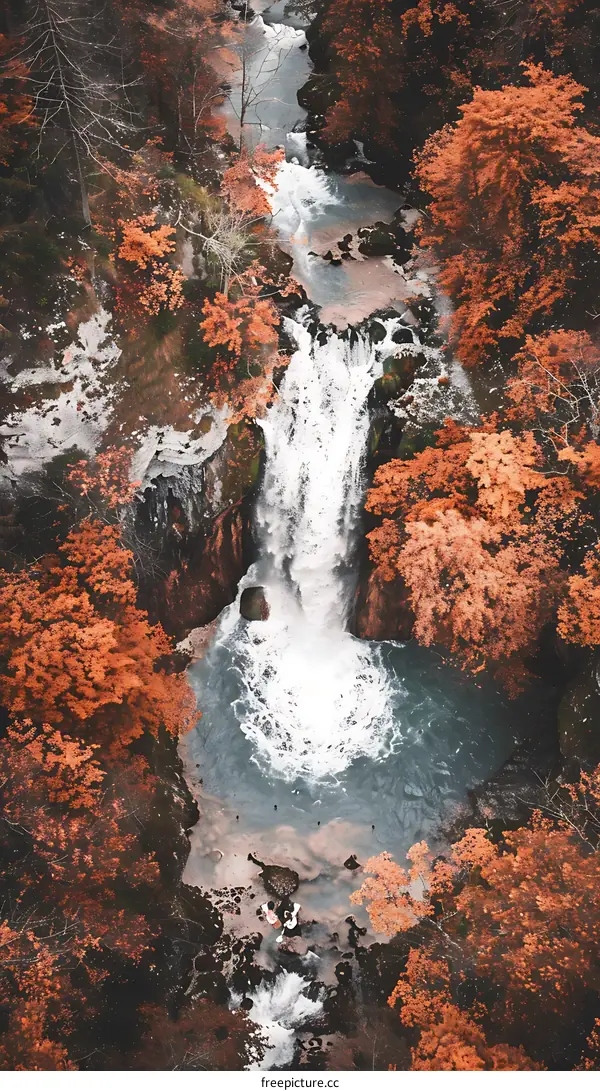 Aerial View of Waterfall in Autumn Forest