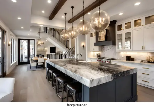 Modern Elegant Kitchen Island with Marble Countertop