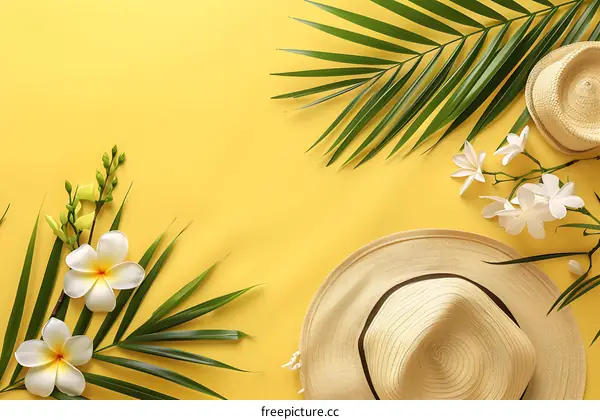 Summer Holiday Flat Lay with Palm Leaves and Flowers