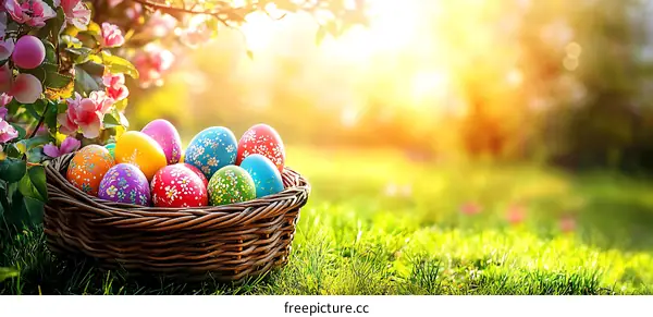 Colorful Easter Eggs in a Basket Springtime Scene