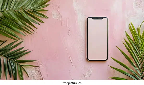 Pink Background with Palm Leaves and Phone