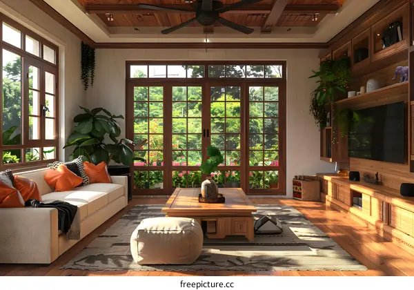 Modern Living Room With Wooden Ceiling And Large Windows