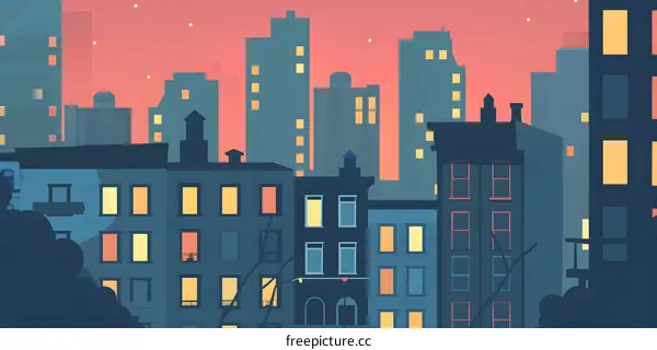 Night Cityscape with Buildings and Stars