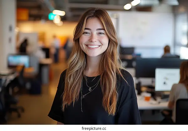 Smiling Young Woman in Modern Office Environment