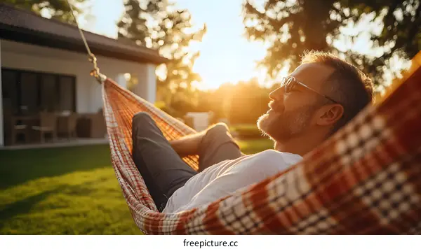 Man Relaxing in Hammock in Backyard at Sunset