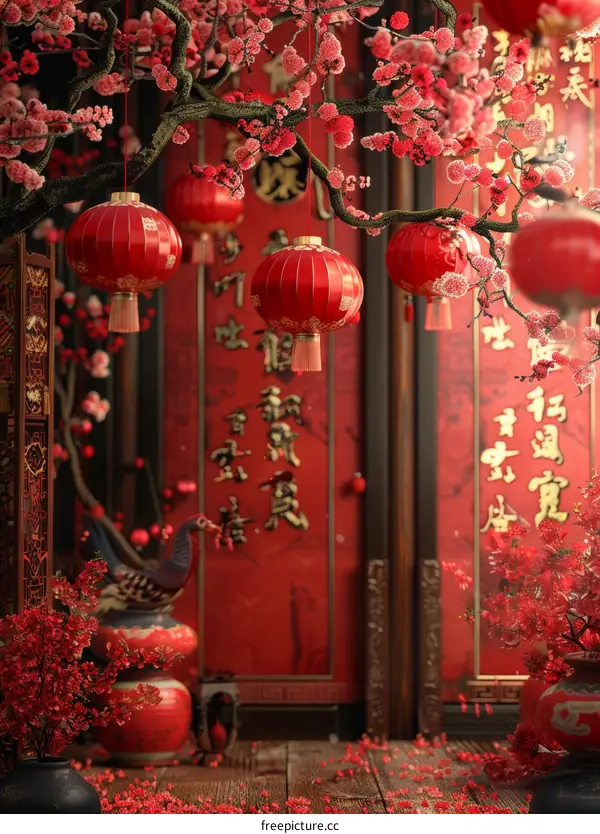 Red Lanterns and Pink Blossoms Celebrate Chinese New Year