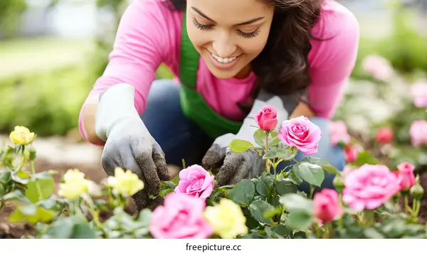 Woman Gardener Planting Roses in a Garden