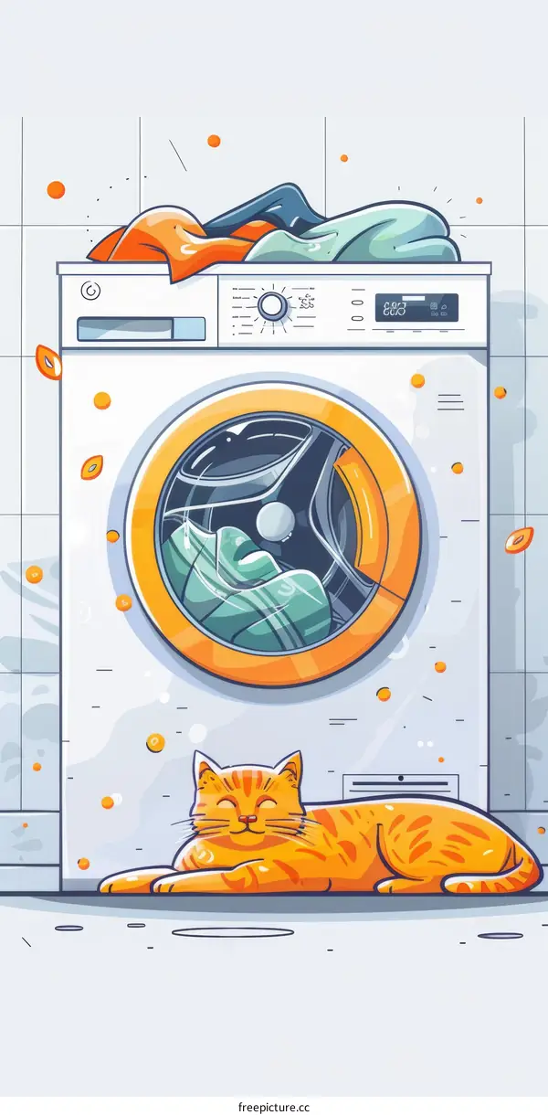 A ginger cat is sleeping in front of a washing machine