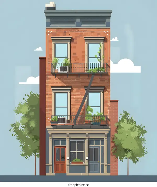 Brick Building with Balcony and Trees