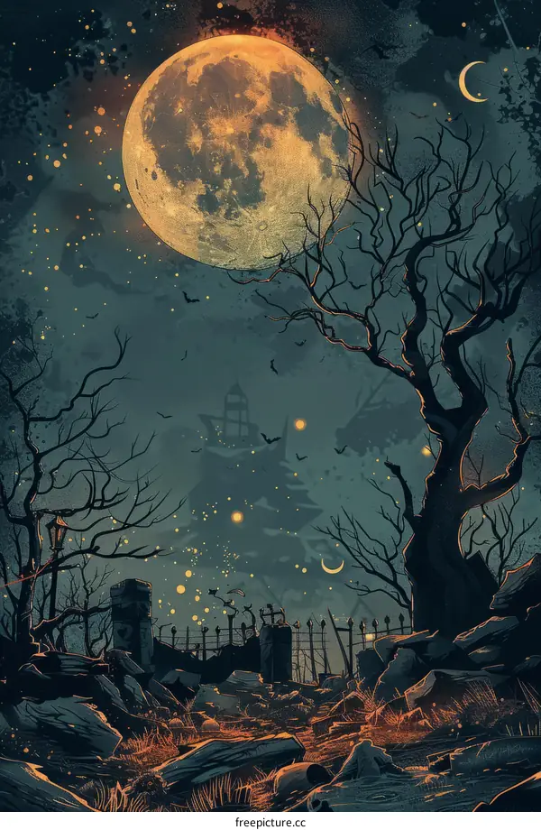 Mystical Full Moon at Night with Bats and Crows