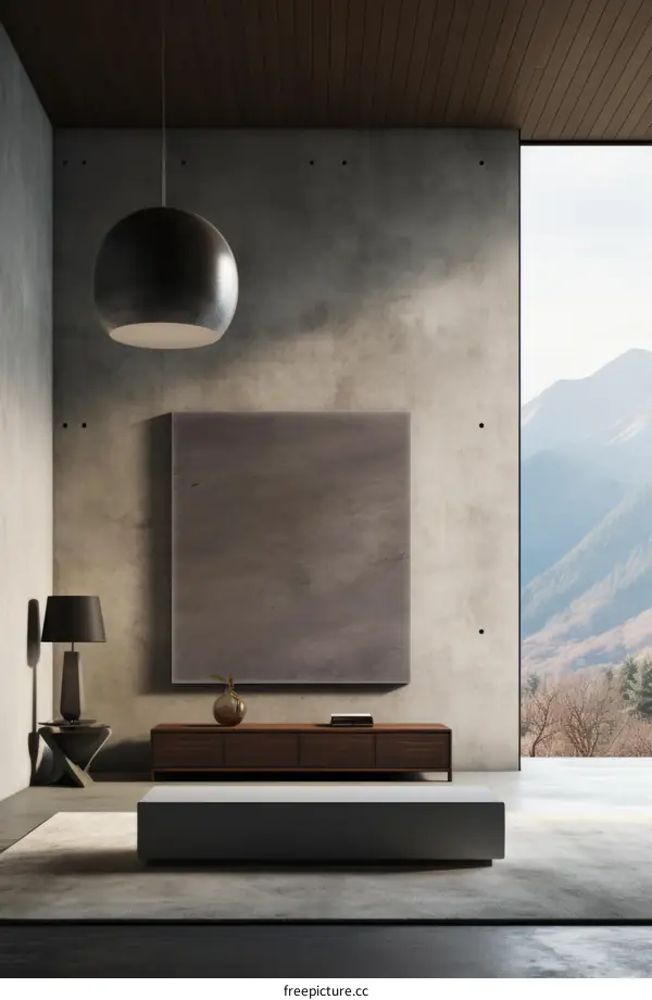 Modern minimalist living room interior with large windows and a beautiful mountain view