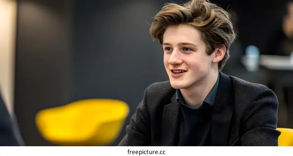 Portrait of a young Caucasian man smiling and looking to the side