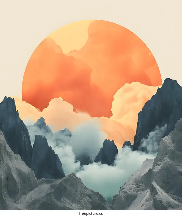 Abstract Mountain Landscape With Sun And Clouds