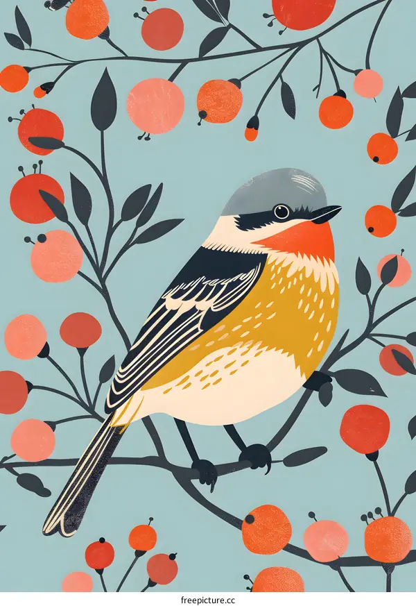 Colorful Bird on Branch with Berries Illustration