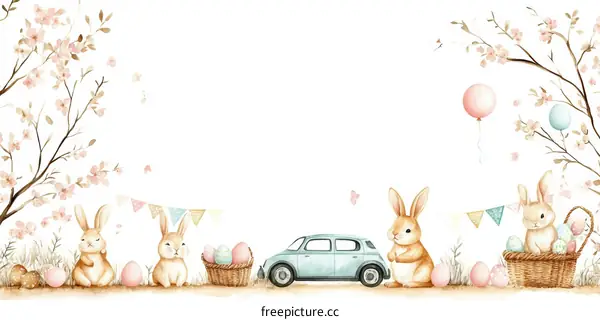 Cute Easter Bunnies and Spring Scene Illustration