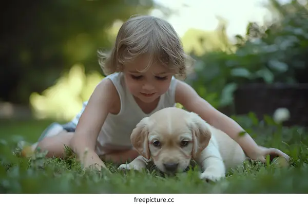 Little Girl Playing With Puppy In The Grass