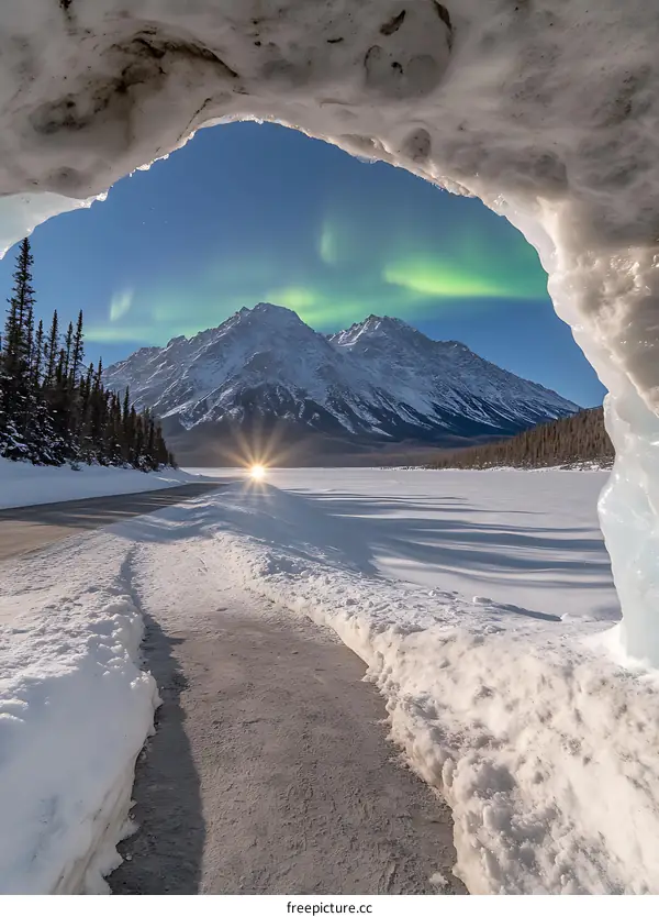 Aurora Borealis Over Mountains And Frozen Lake