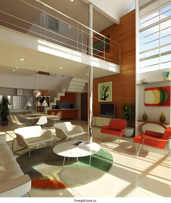 Modern Living Room Interior Design With Large Windows And Staircase