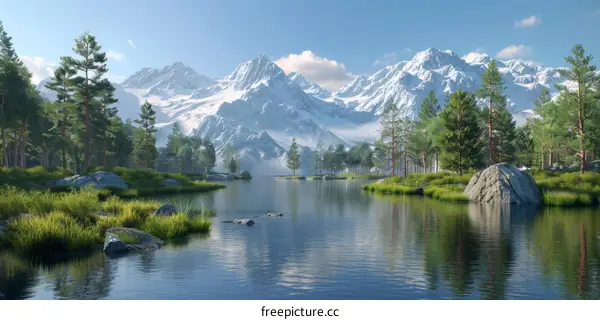 Tranquil Mountain Lake and Dense Evergreen Forest