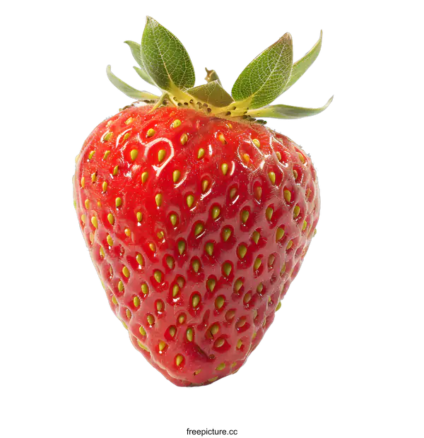 [Transparent Background PNG]Single Red Strawberry with Green Leaves Isolated on White Background