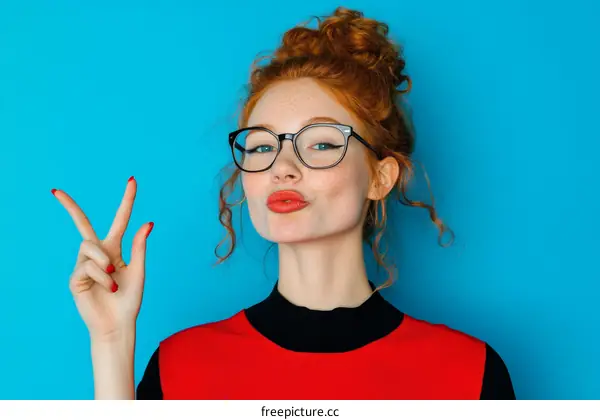 Redhead Woman in Glasses Making a Peace Sign