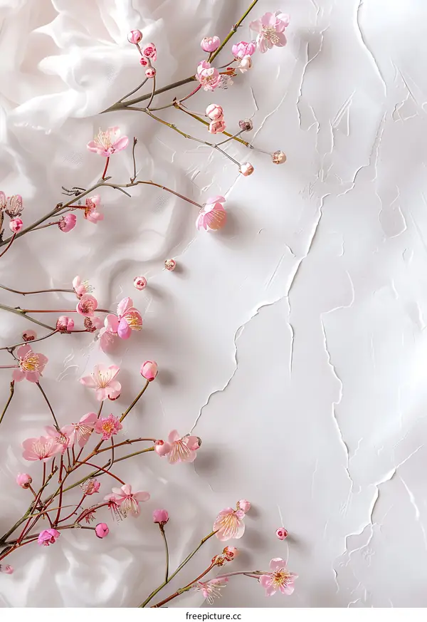 Pink Flowers and White Fabric on White Background