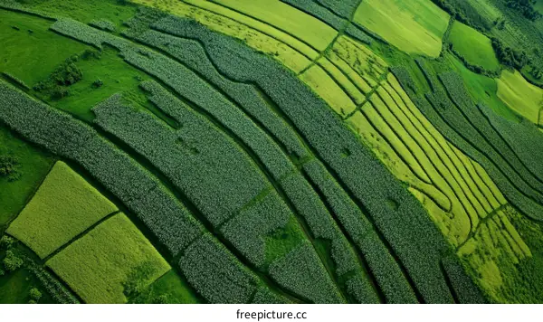 Aerial View of Terraced Farming Fields