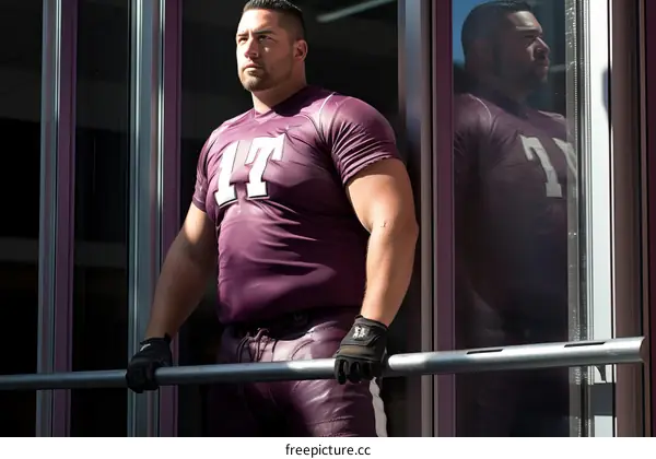 A muscular man in a purple shirt is standing in front of a door.