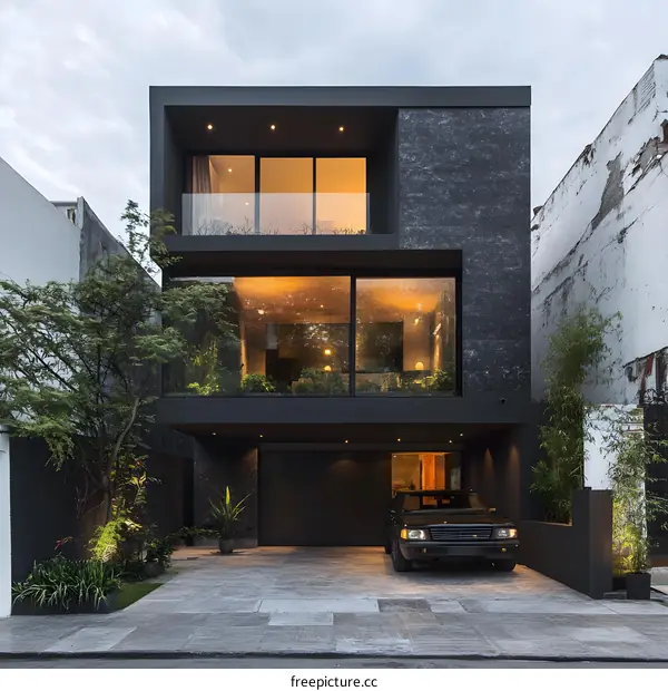 Modern Black House with Garage and Large Windows