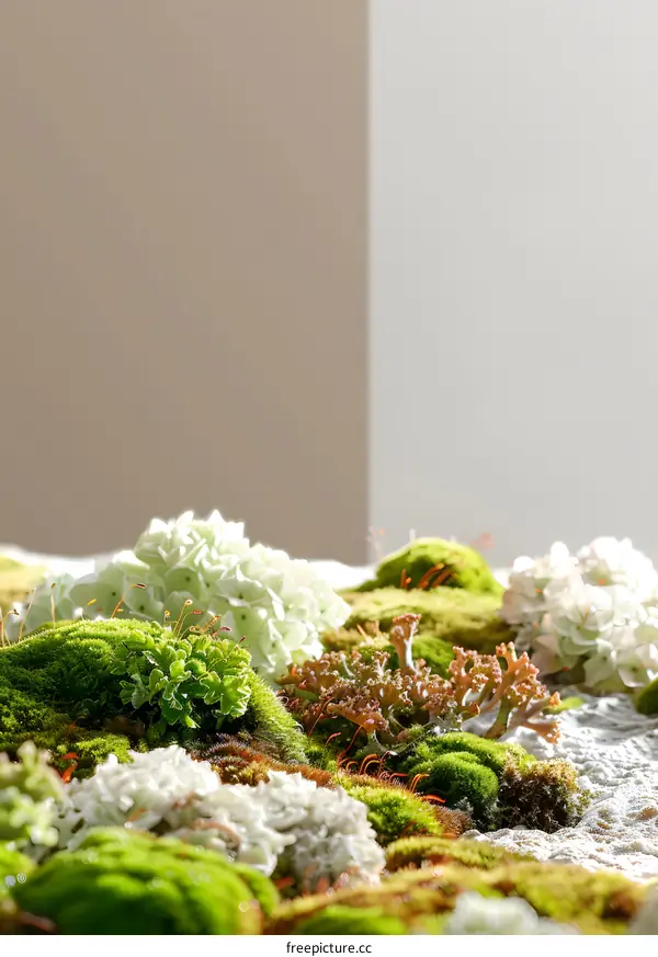 Green Moss Wall With White Flowers