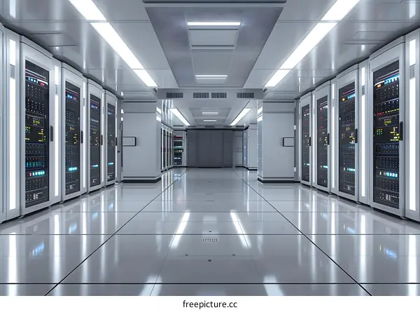 Modern Server Room Interior with Rows of Racks and Bright Lights