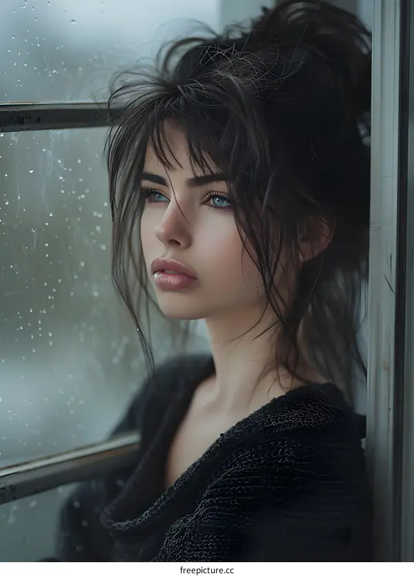 portrait of a beautiful young woman looking out the window
