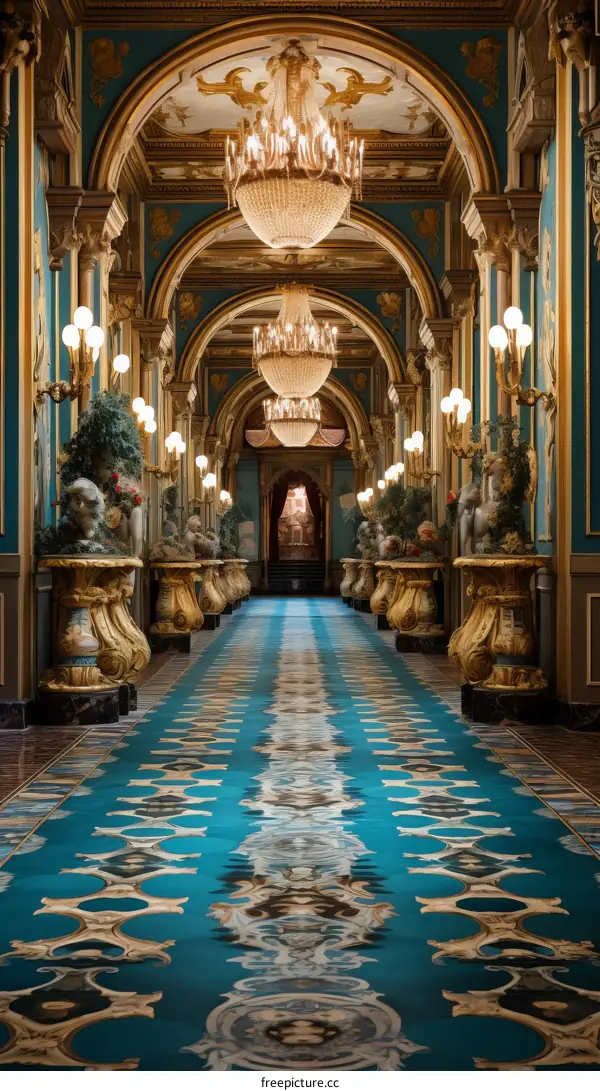 ornate hallway with blue patterned carpet and crystal chandeliers