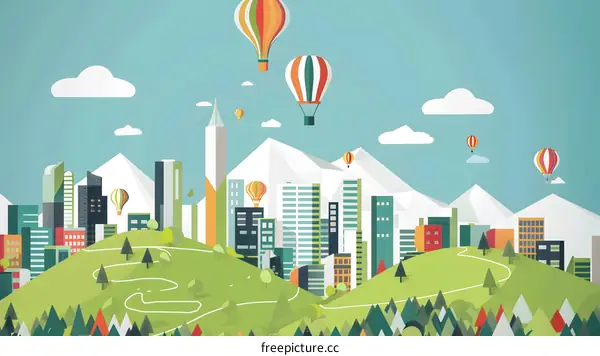 Colorful Hot Air Balloons Flying Over Green Cityscape