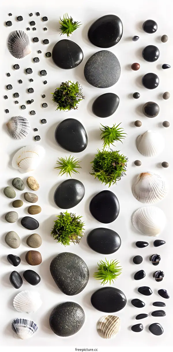 Flat Lay of Black Stones, Shells, and Green Plants on White Background
