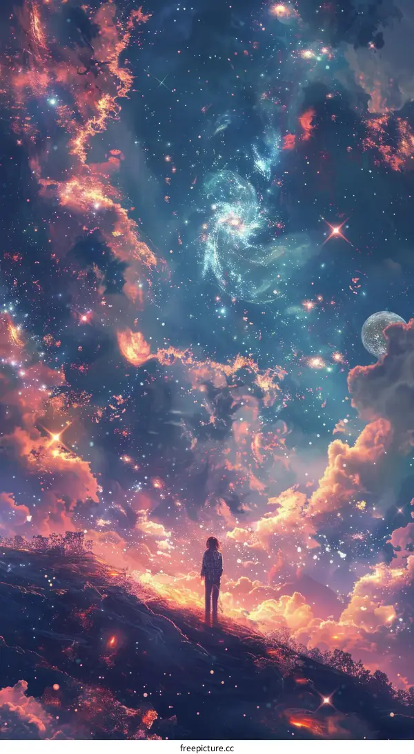 Lonely Girl Surrounded by Colorful Flowers under a Starry Night Sky