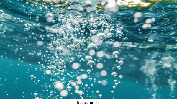 Underwater bubbles in blue water