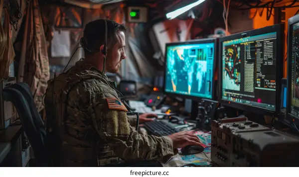 A soldier works at a computer station in a tent.
