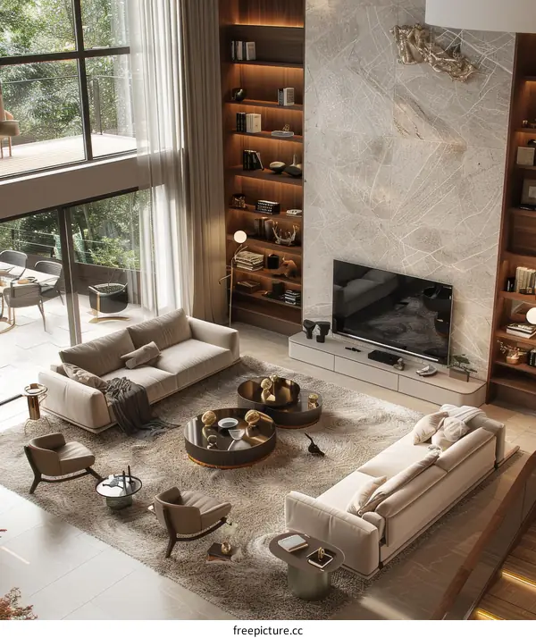 Modern Living Room with Double Height Ceiling