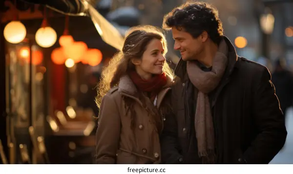 A couple is walking down the street and smiling at each other