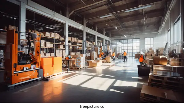 A large warehouse with many shelves and boxes, and several workers in the distance