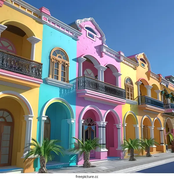 Colorful Row of Mediterranean Style Houses with Palm Trees