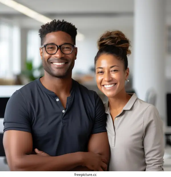 Smiling man and woman in casual clothes posing in an office