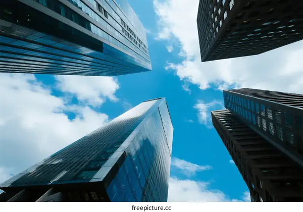 Looking up at modern skyscrapers against a blue sky