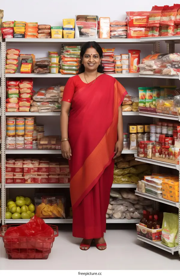 Portrait of a smiling Indian woman wearing a red sari standing in a grocery store