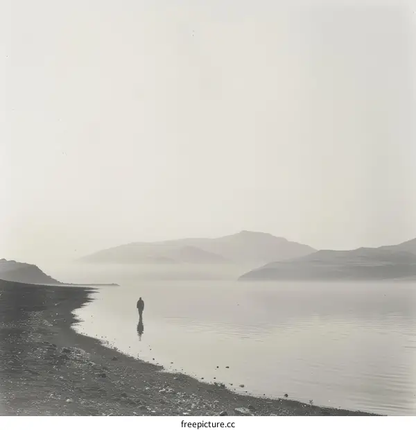 Black and white photo of a lonely person walking on the beach