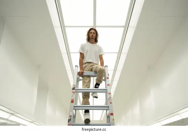 man in white shirt and khaki pants sitting on a ladder in a white room