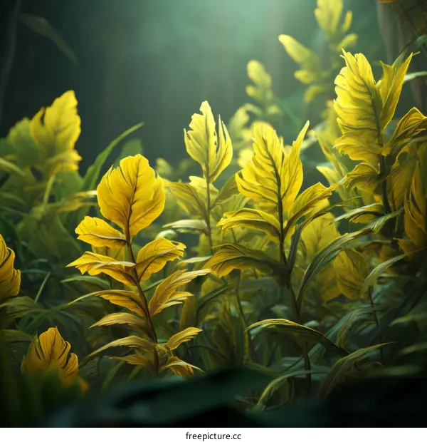lush foliage of a tropical rainforest with bright yellow leaves in the foreground