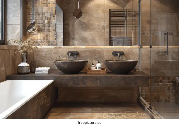 Modern Luxury Bathroom with Dark Brown Tiles and Stone Sink