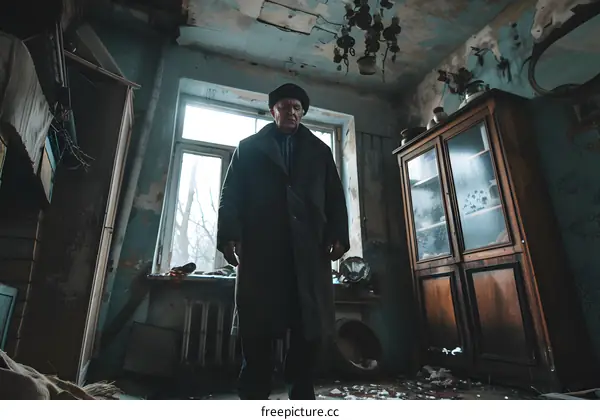 An old man standing in a ruined room